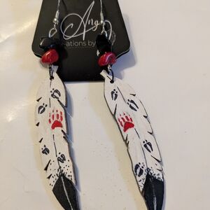 Hand-Painted Feather Animal Paw Print Earrings